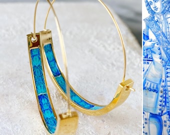 Hoop Earrings Atrio Portugal Tile Turquoise Azulejo Caldas da Rainha Persian Tiles Gift Boxed Stainless Steel Hypo Allergenic Gold 1.50