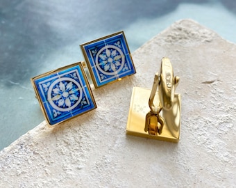 Atrio Cuff Links Tile Blue Portugal Antique Azulejo Cortegaça OVAR Portugal Gift for Him Groom Gift Gold or Silver Stainless