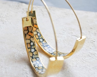 HOOPS Earrings Atrio Tile Portugal Cobblestone Calçada Portuguesa Stainless Steel  Azulejo  1.5" Delicate  Ships from USA