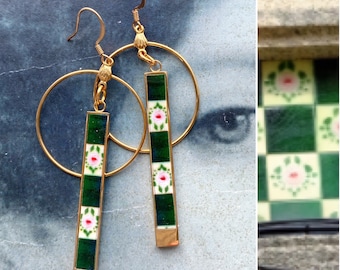 Atrio Earrings  Portugal Tile Circle Bar Green Roses Antique Azulejo Tile Portuguese  Vila do Conde Stainless Steel