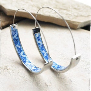 Earrings ATRIO Hoops Tile Portugal Stainless Steel Antique Azulejo 1.75 The Palace of the Marquesses of Fronteira USA Shipping Blue image 1