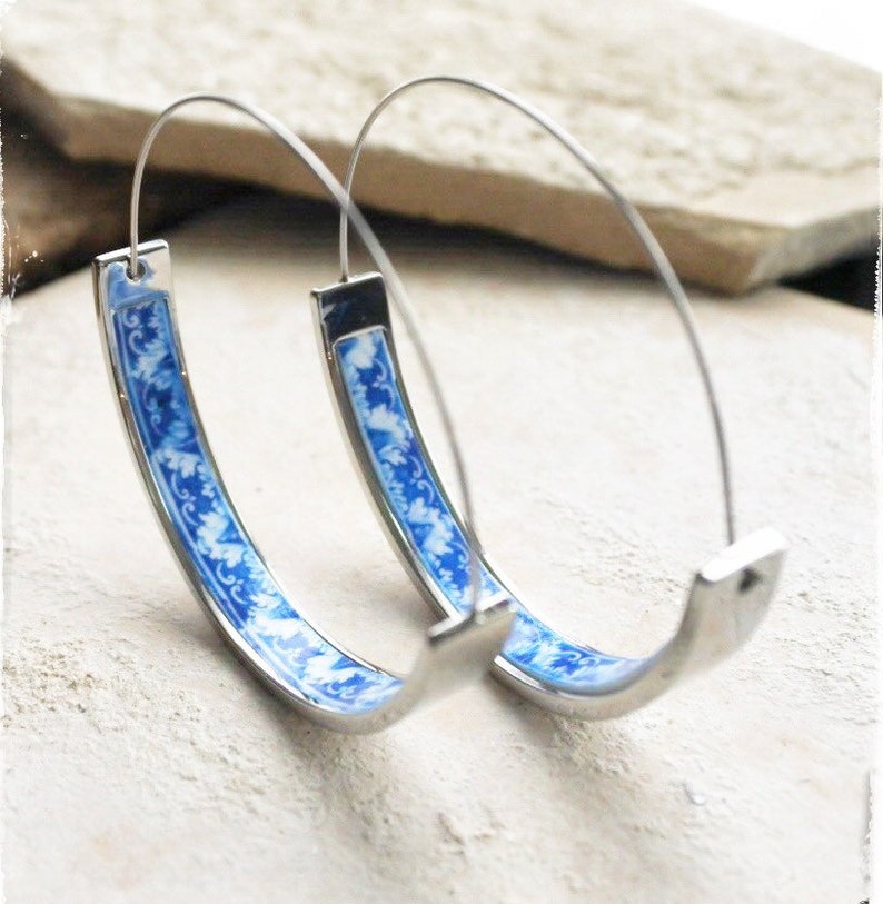 Earrings ATRIO Hoops Tile Portugal Stainless Steel Antique Azulejo 1.75 The Palace of the Marquesses of Fronteira USA Shipping Blue image 1