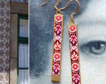 Atrio Earrings Red Tile Bar Portugal Antique Azulejo - Ovar Pink Gold or Silver Stainless Steel Ships from USA