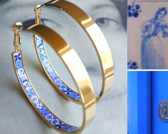 Earrings ATRIO Jewelry Hoops Tile Portugal Stainless Steel Antique Azulejo -  2&quot; or 5cm  Blue 16 - 17th Century Tiles Ships from USA