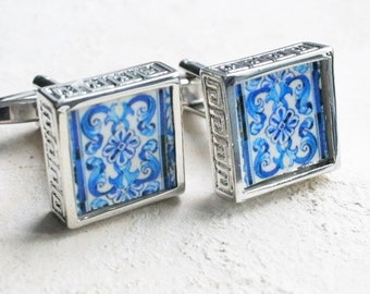 Atrio Men's CUFF LINK Tile Portugal Azulejo Aveiro Santa Joana - Father's Day Groom Gift Ships from USA Gift Boxed