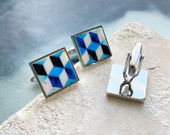 Atrio Cuff Links Tile Portugal Antique Azulejo OVAR blue Geometric - Groom Gift Gift for Him Men's Fashion Gold or Silver Stainless