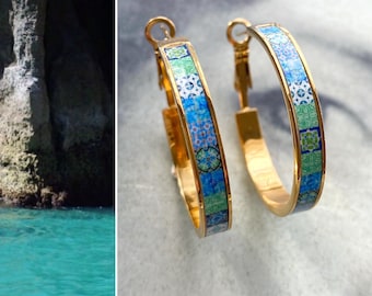 Hoops Earrings Atrio Hoop Tile Portugal Stainless Steel Antique Azulejo -  1.25"  Green Turquoise Tiles Ships from USA Hypo allergenic Outer
