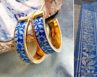 Gift for someone who has everything Atrio Hoops Tile Blue Portugal 1" Antique Azulejo  Cortegaça OVAR Portugal Gold or Silver Stainless