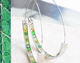 Hoops Atrio Earrings Green Tile Portugal Azulejo STAINLESS STEEL Wire Flat Bottom Lightweight 2" Silver Tone Ships from USA