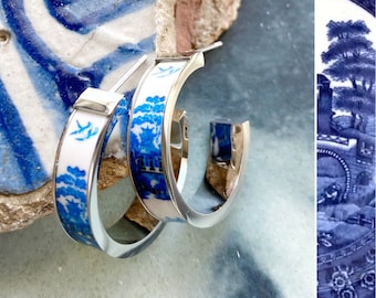 Atrio Hoop Earrings Japan Willow Spode Minton Delft Pottery Porcelain Chinoiserie  Asian  1" Ships from USA Stainless Steel Gold or Silver