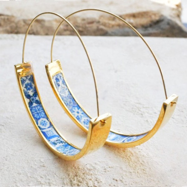 Hoops Earrings Atrio Tile Portugal Stainless Steel  Azulejo -  1.75"  Blue and WhiteTiles USA Shipping 4.5cm Lightweight!