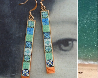 Earrings Atrio Matchstick Bar Portugal Tile Turquoise Azulejo Caldas da Rainha  Persian Tiles Gift Boxed  Hypo Allergenic minimal 2 Options