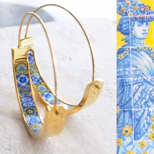 Hoops Earrings Atrio Tile Flat Bottom Portugal Stainless Steel  Azulejo -  1.5"  Blue Gold 16 - 17th Century Tiles USA Shipping