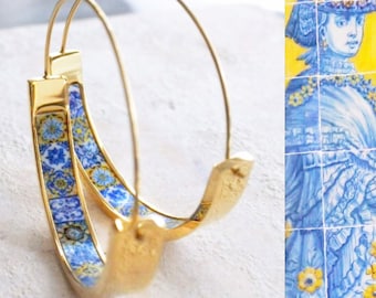 Hoops Earrings Atrio Tile Flat Bottom Portugal Stainless Steel  Azulejo -  1.5"  Blue Gold 16 - 17th Century Tiles USA Shipping