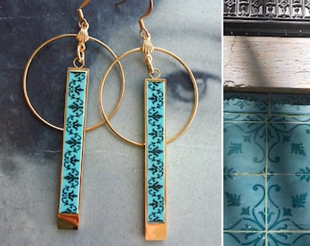 Oorbellen ATRIO Tile Portugal Circle Bar Matchstick Teal Green Roestvrij staal Antiek Azulejo - Sea Green Minimal Ships from USA 2 opties