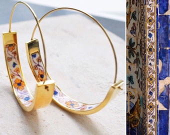 Hoops Earrings Atrio Tile Portugal Stainless Steel  Azulejo 1.50&quot;  The Palace of the Marquesses of Fronteira  Ships from USA