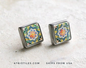 STUD Earrings Portugal Tile Azulejo Tile SOLID Stainless Steel Posts Hypo allergenic OVAR, Ourivesaria Carvalho  Gift Boxed  651