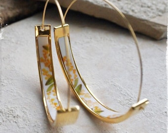 Hoops Earrings Atrio MIMOSA Yellow Flowers Portugal Stainless Steel Acacia  -  1.75&quot;  Orrechini Italy Italian Ships from USA
