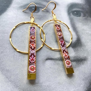 Atrio Earrings Red Tile Circle Bar Portugal Antique Azulejo - Ovar Pink with Gold dots. Hammered vintage brass Ships from USA