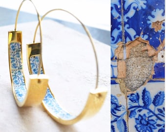 Hoop Earrings Portugal Tile Atrio Stainless Steel Azulejo Barcelos  Blue Border Hypo Allergenic Gold Tone Ships  from USA 1.50"