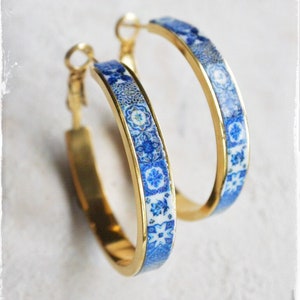 Hoops Earrings Atrio Tile Portugal Stainless Steel Antique Azulejo -  1 1/4"  Blue Tiles USA Shipping Small and Lightweight Hypoallergenic