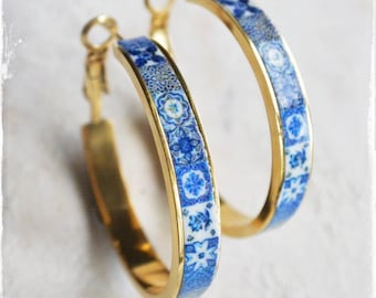 Hoops Earrings Atrio Tile Portugal Stainless Steel Antique Azulejo -  1 1/4"  Blue Tiles USA Shipping Small and Lightweight Hypoallergenic