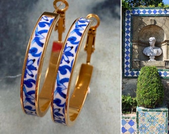 Atrio Hoop Earrings Hoops Tiles Quinta da Bacalhôa Azeitão Portugal  Majolica Stainless Steel Hypoallergenic 1.25" Gift for Her Blue White