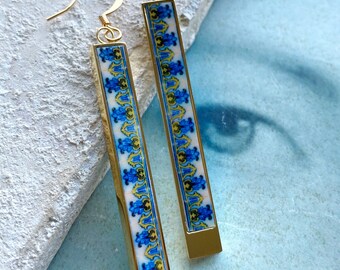 Earrings Atrio Matchstick Bar Portugal Tile Gold Blue  Azulejo Silves Algarve Tile  Persian Tiles Gift Boxed  Hypo Allergenic  2 Options