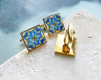 Portuguese Tile Cuff Links, 17th Century Azulejo Design, Stainless Steel