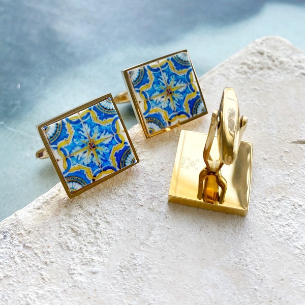 Gemelos con diseño de azulejos portugueses del siglo XVII, acero inoxidable