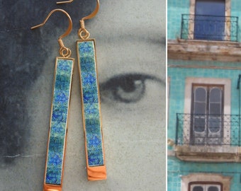 Earrings Atrio Matchstick Bar Portugal Tile Turquoise  Azulejo Caldas da Rainha  Persian Tiles Gift Boxed  Hypo Allergenic minimal 2 Options