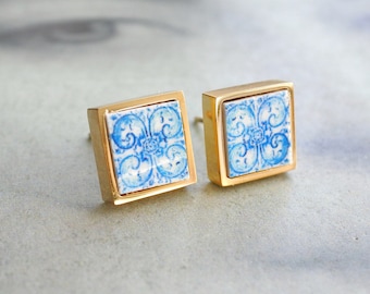 STUD Earrings Portugal Tile Atrio SOLID Stainless Steel Azulejo  University of Évora founded in 1559 Hypo allergenic 700 Small Gold Tone