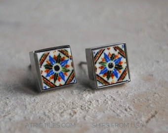 Stud Earrings Talavera de la Reina 1565  SPANISH Tile SOLID Stainless Steel - Iberian Peninsula Monserrate Sintra Palace  773 Small