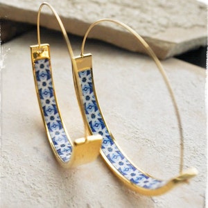 Earrings Hoops Atrio Tile Blue Portugal Azulejo  Porto Lightweight Stainless Steel Ships from USA 1.75&quot; Flat Bottom Pinterest Hypoallergenic