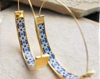 Earrings Hoops Atrio Tile Blue Portugal Azulejo  Porto Lightweight Stainless Steel Ships from USA 1.75" Flat Bottom Pinterest Hypoallergenic