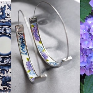 Earrings ATRIO Hoops Hydrangea Portugal Stainless Steel Coimbra Pottery Ceramic Deer 17th Century Azores Acores Hortensia USA Shipping 1.75&quot;