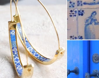 Hoops Earrings Hoop Atrio Tile Blue Azulejo Portugal  STAINLESS STEEL Pinterest  Delicate 1.50&quot; Ships from USA