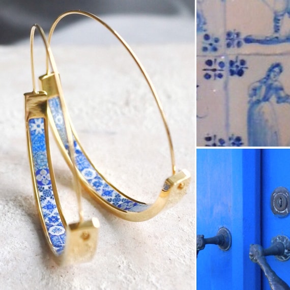 Hoops Earrings Hoop Atrio Tile Blue Azulejo Portugal  STAINLESS STEEL Pinterest  Delicate 1.50" Ships from USA