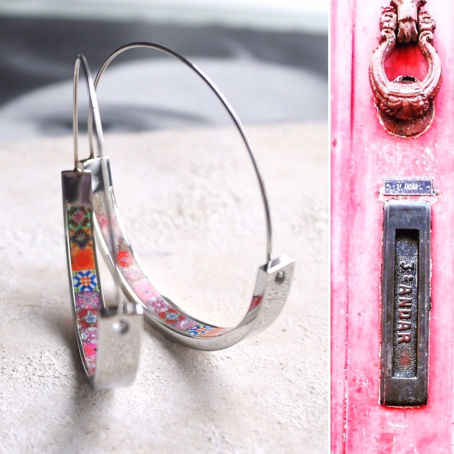 Hoops Earrings Hoop Atrio Tile Red Azulejo Portugal  STAINLESS STEEL Pinterest  Delicate 1.5"  Ships from USA