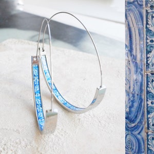 Hoops Atrio Earrings Tile Portugal Antique Azulejo Wire Flat Bottom Stainless Steel University of Evora - Lightweight - 2"  USA SHIPPING