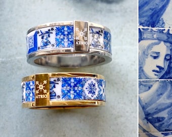 Atrio Tile Ring Portugal Blue Tiles STaINLESS STEEL Portuguese Antique Azulejo  - Tiles Ships from USA Gold or Silver tone