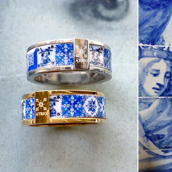 Atrio Tile Ring Portugal Blue Tiles STaINLESS STEEL Portuguese Antique Azulejo  - Tiles Ships from USA Gold or Silver tone