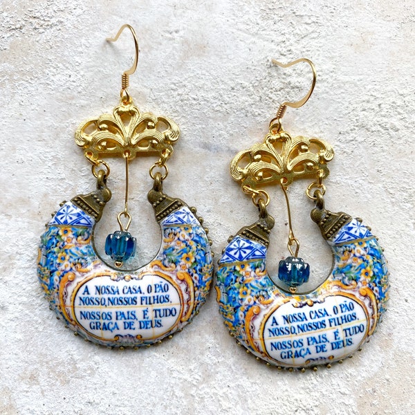 Portugal Antique Azulejo Tile Earrings Portuguese Saying Vila de Cucujães, Oliveira de Azeméis Quinta do Barreiro 1901 USA Shipping BLESSING
