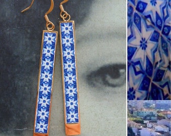 Earrings Tile Matchstick Atrio Portugal Blue Azulejo Antique Porto  2 1/2" Lightweight Stainless Steel Ships from USA 2 options