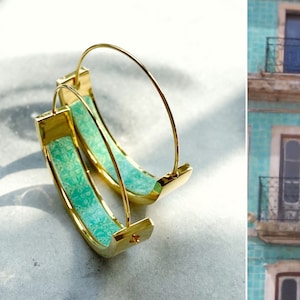 Atrio Small Hoop Earrings Portugal Tile Turquoise Azulejo Caldas da Rainha Tiles Gift Boxed SOLID Stainless Steel  Hypo Allergenic 1&quot;