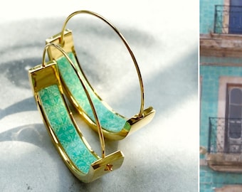 Atrio Small Hoop Earrings Portugal Tile Turquoise Azulejo Caldas da Rainha Tiles Gift Boxed SOLID Stainless Steel  Hypo Allergenic 1"