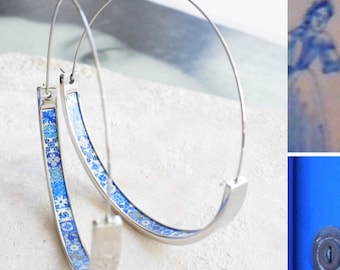 Hoops Atrio Earrings Tile STAINLESS STEEL Portugal Antique Azulejo Wire Flat Bottom  Blue Tiles - Lightweight - 2"  Ships from USA