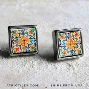 Stud Earrings Portugal Tile Antique Azulejo SOLID Stainless Steel COIMBRA 1590, Se de Coimbra - Gift Box Included - Ships from USA  473