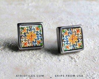Stud Earrings Portugal Tile Antique Azulejo SOLID Stainless Steel COIMBRA 1590, Se de Coimbra - Gift Box Included - Ships from USA  473
