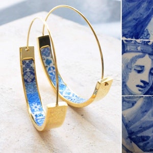 Earrings Atrio Jewelry Hoops Tile Portugal Stainless Steel  Azulejo 1.50&quot; Blue Gold 16 - 17th Century Ships from USA